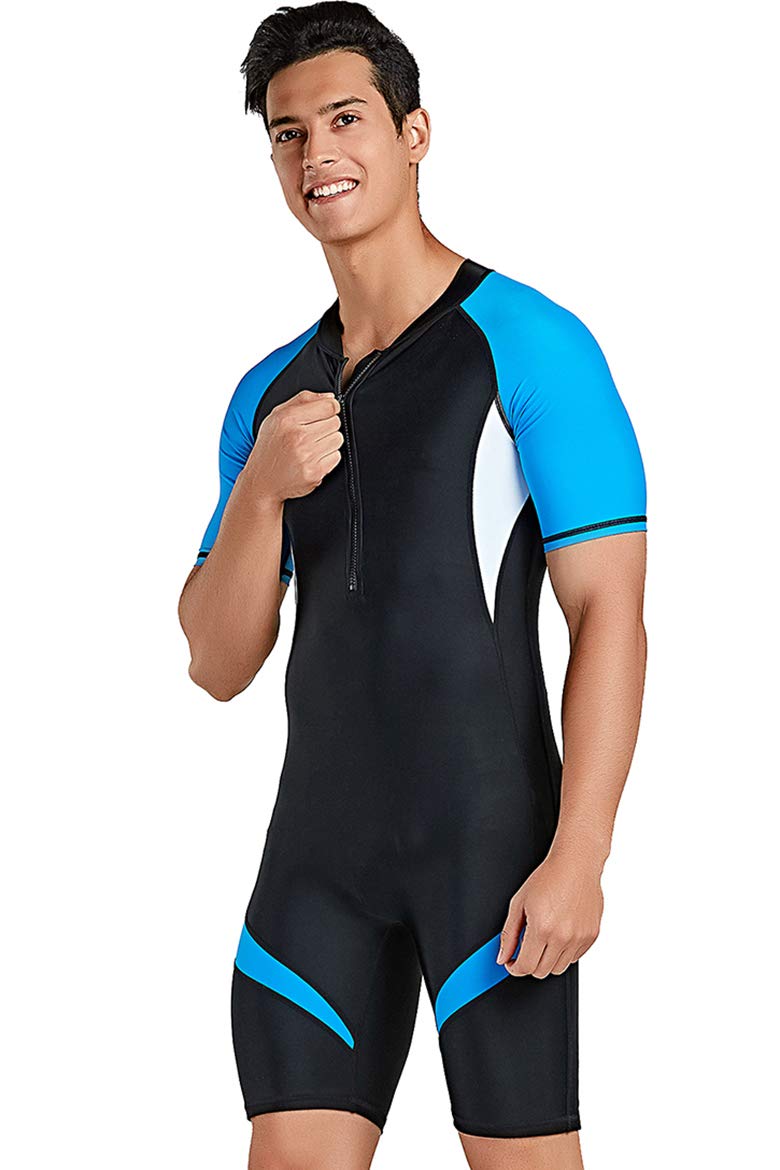 Cokar Men's Short Sleeve Sports Skins One Piece Sun Protection Swimsuit Surfing Suit New Blue Black-Men X-Large - Image 2
