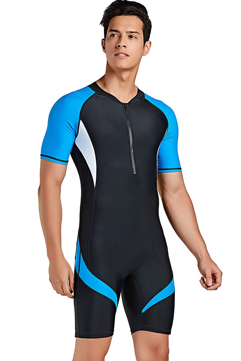 Cokar Men's Short Sleeve Sports Skins One Piece Sun Protection Swimsuit Surfing Suit New Blue Black-Men X-Large - Image 5