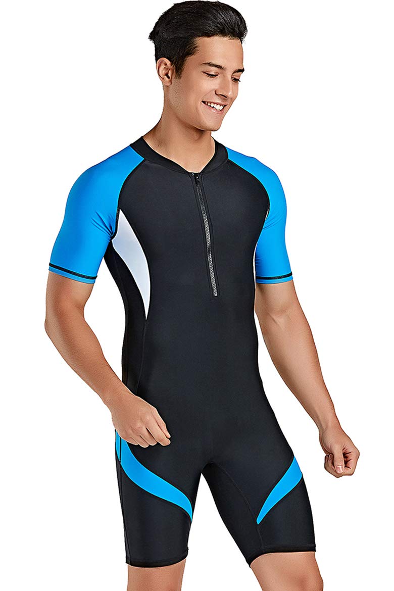 Cokar Men's Short Sleeve Sports Skins One Piece Sun Protection Swimsuit Surfing Suit New Blue Black-Men X-Large - Image 3