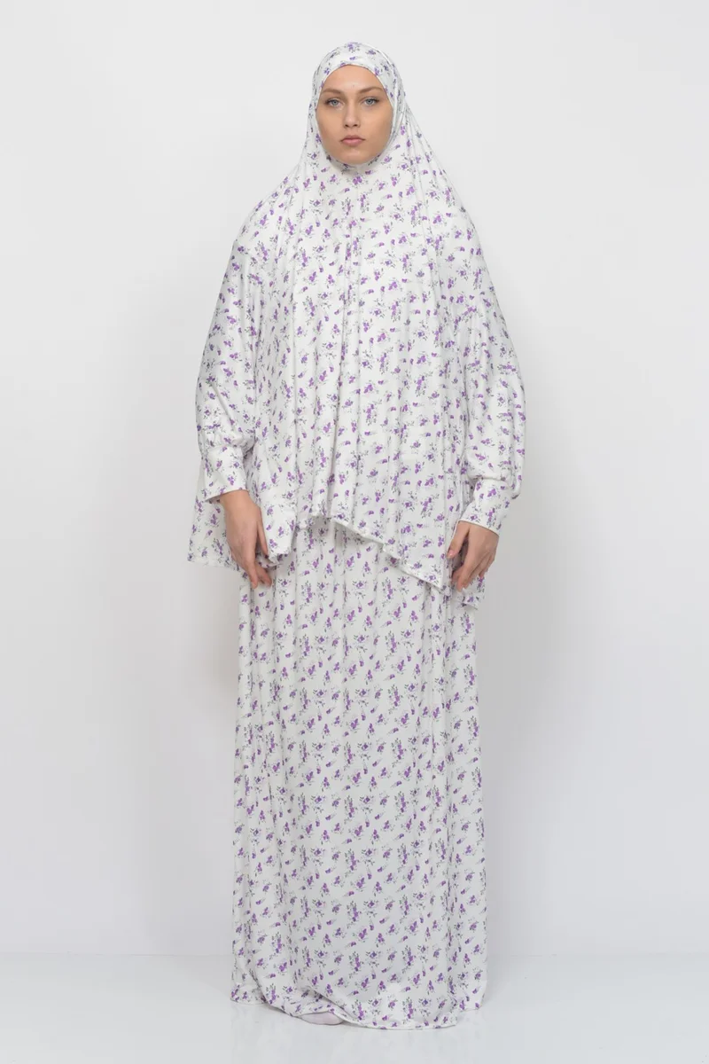التوبة Practical Two Piece Floral Patterned Bat Sleeves Lycra Hijab Prayer Dress with Headscarf 992-0203