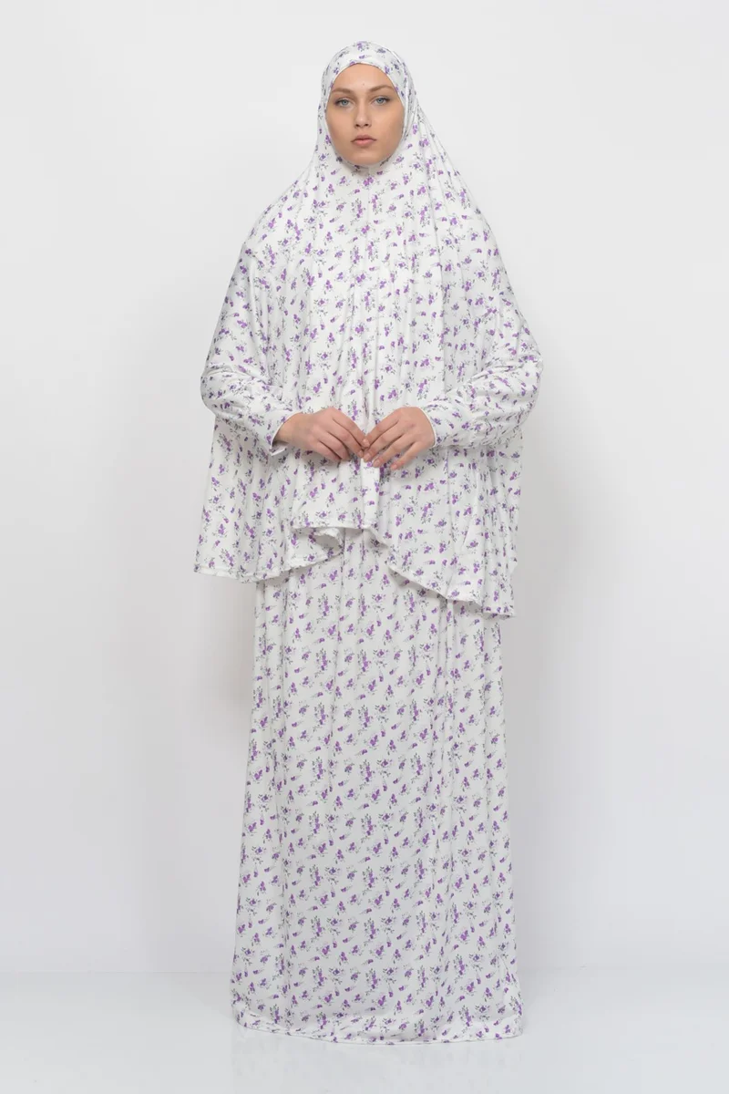 التوبة Practical Two Piece Floral Patterned Bat Sleeves Lycra Hijab Prayer Dress with Headscarf 992-0203