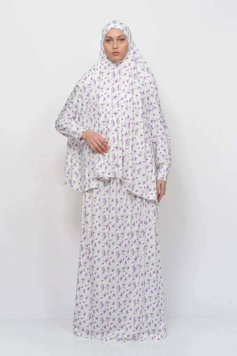 التوبة Practical Two Piece Floral Patterned Bat Sleeves Lycra Hijab Prayer Dress with Headscarf 992-0203