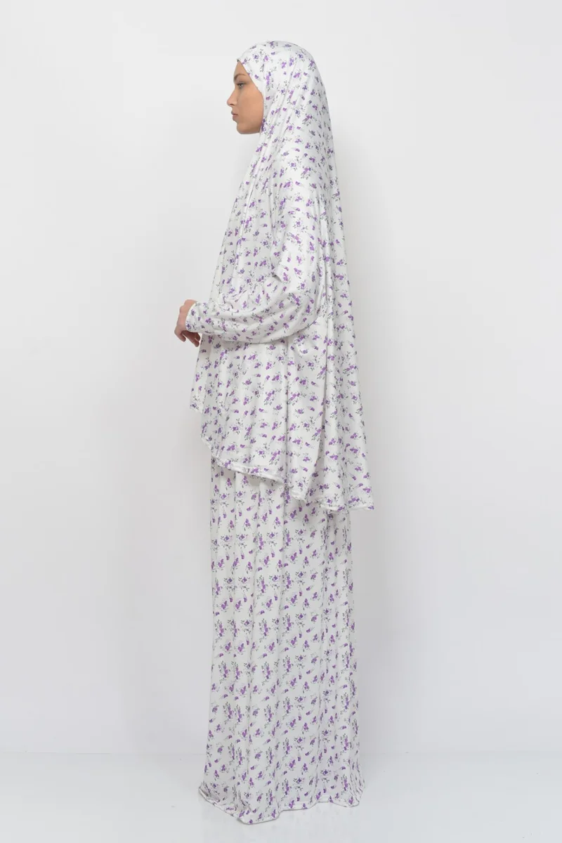 التوبة Practical Two Piece Floral Patterned Bat Sleeves Lycra Hijab Prayer Dress with Headscarf 992-0203