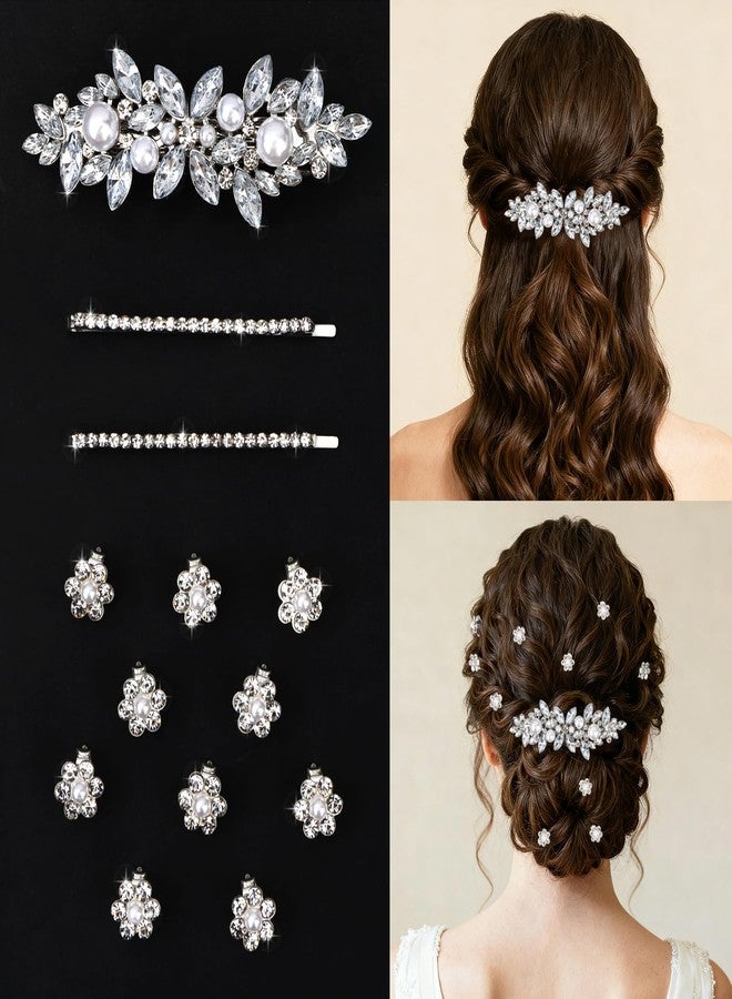 Wecoe 13 Pcs Silver Rhinestone Hair Clips Decorative Hair Pins Bobby Pins Barrette for Women Hair Pieces Jewelry for Women Wedding Bridal Bride Flower Girl Hair Accessories - Image 1