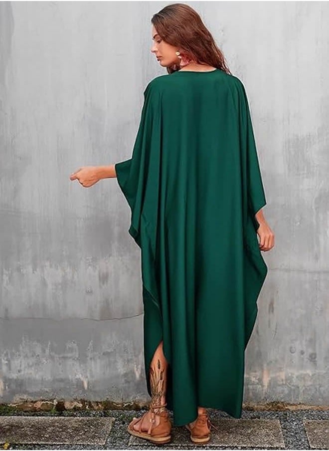 NIBEMINENT - Women Bathing Suit Cover Up Beach Maxi Dresses Loose Oversized Smock Gown Holiday Sun Protection Dark Green - Image 1