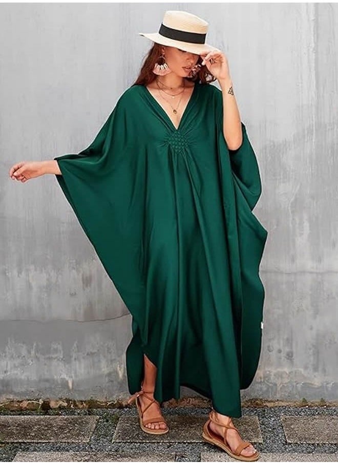 NIBEMINENT - Women Bathing Suit Cover Up Beach Maxi Dresses Loose Oversized Smock Gown Holiday Sun Protection Dark Green - Image 1