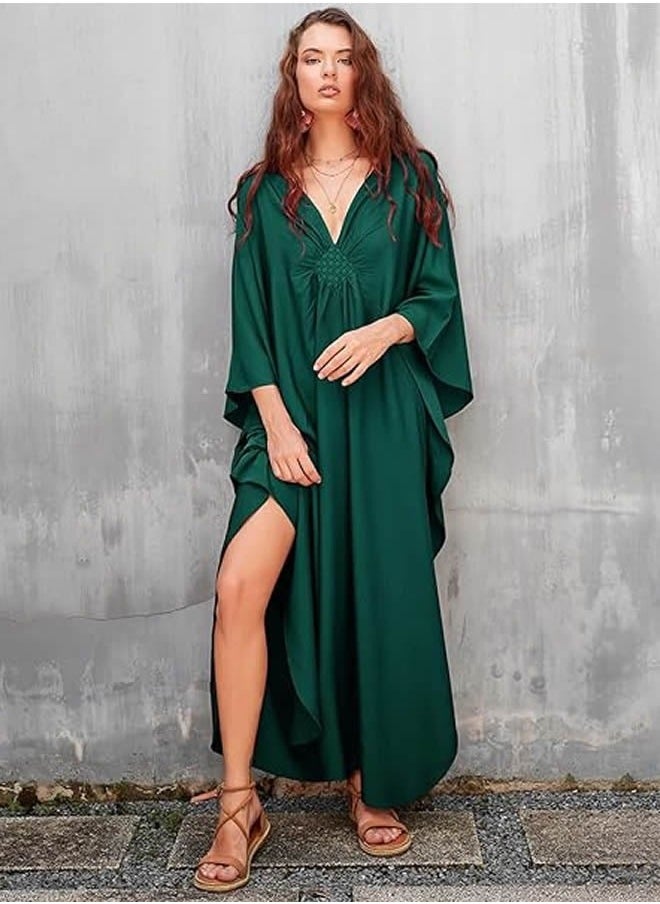 NIBEMINENT - Women Bathing Suit Cover Up Beach Maxi Dresses Loose Oversized Smock Gown Holiday Sun Protection Dark Green - Image 1