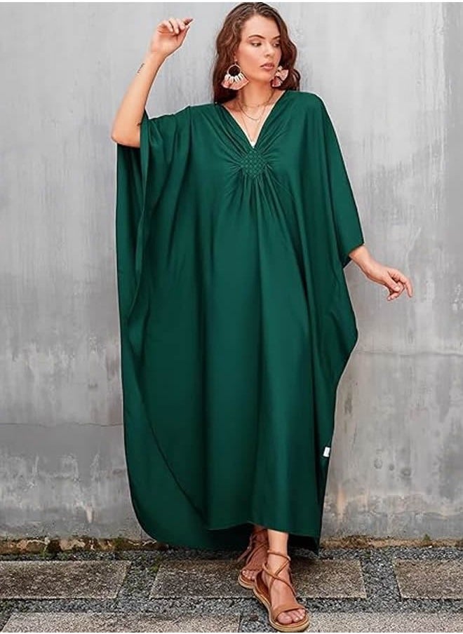 NIBEMINENT - Women Bathing Suit Cover Up Beach Maxi Dresses Loose Oversized Smock Gown Holiday Sun Protection Dark Green - Image 1