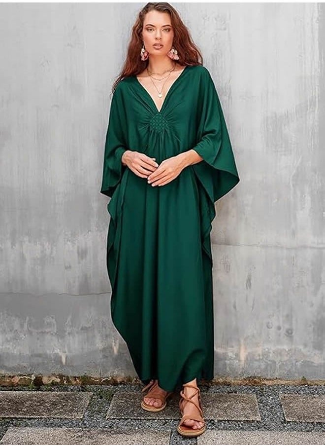 NIBEMINENT - Women Bathing Suit Cover Up Beach Maxi Dresses Loose Oversized Smock Gown Holiday Sun Protection Dark Green - Image 1