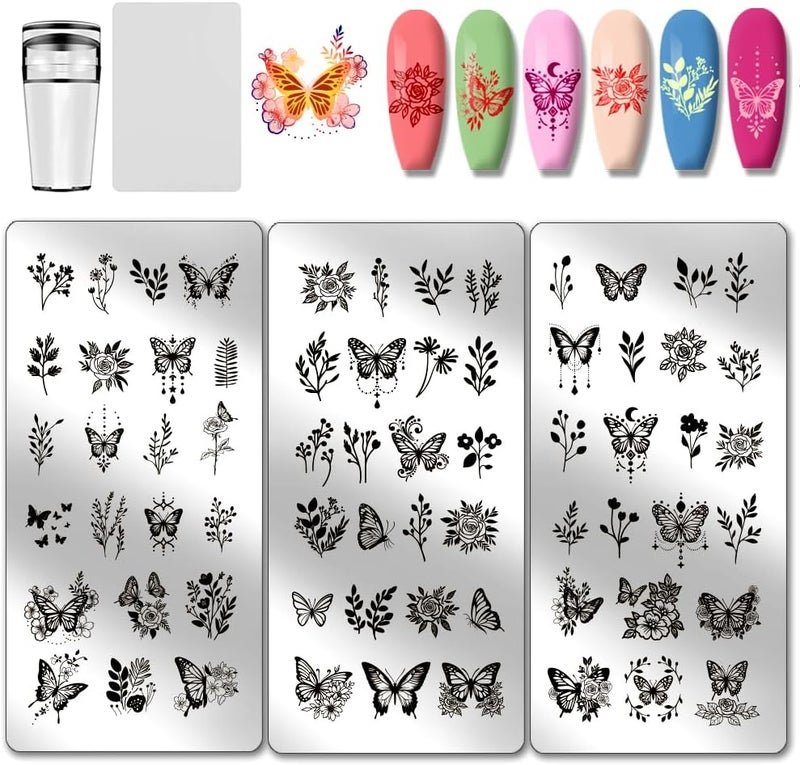 PH PandaHall 3pcs Butterfly Nail Stamping Plates 67 Patterns Flower Nails Art Stencils Leaf Manicure Art Templates Plant Floral Print Nail Stencils for Women Print Manicures Salon Design Supplies
