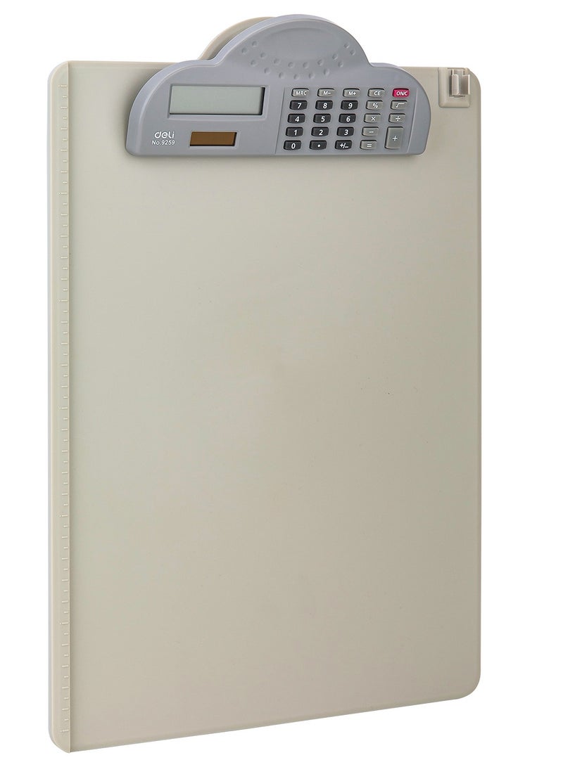 Deli E9259 A4 ABS Clipboard with Hook and 8-Digit Calculator, 3mm Thickness, Single-Sided, Gray - Image 2