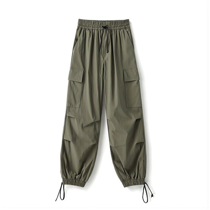 Womens Quick Dry Cargo Pants Loose Wide Leg Drawstring Casual Summer Gray - Image 1