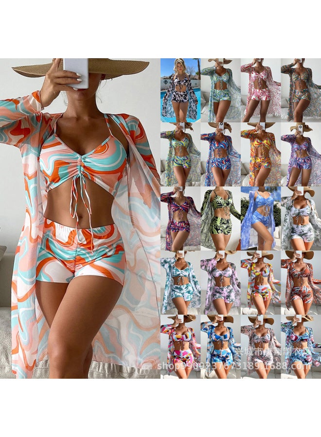 Loquat 2023 European And American Swimwear Women's Split Three-Piece Set High Waist Long-Sleeved Ins Blouse Cyber Celebrity Drawstring Pack-Color:Pattern 4- - Image 2