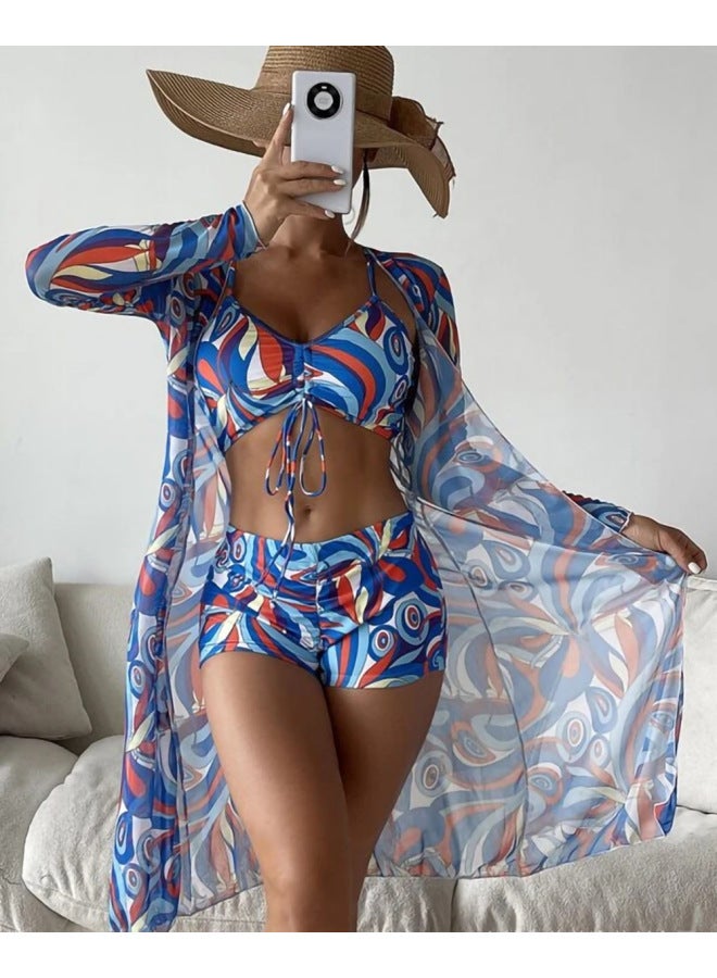 Loquat 2023 European And American Swimwear Women's Split Three-Piece Set High Waist Long-Sleeved Ins Blouse Cyber Celebrity Drawstring Pack-Color:Pattern 4- - Image 4