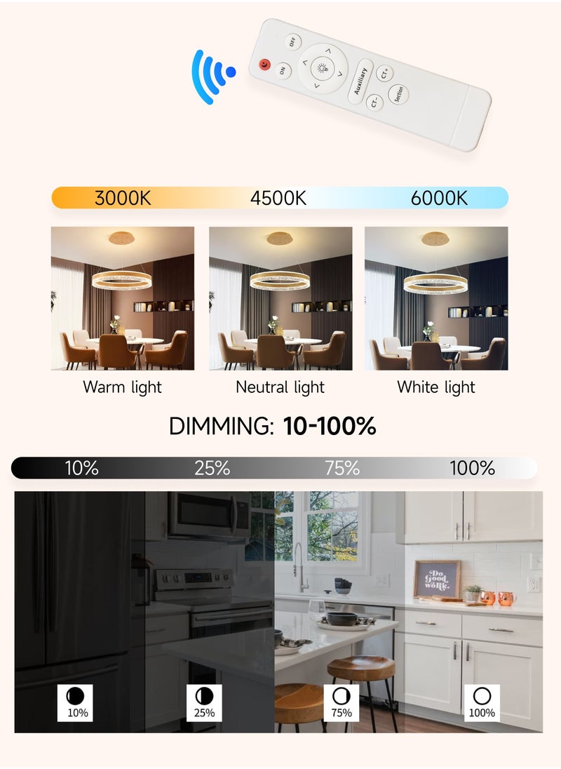 AL-WAHA AL-ZHABIA Modern LED Chandelier with Remote Dimming | Adjustable Acrylic Ring Design | 50W Pendant Light for Kitchen, Dining & Living Room | Ideal for Arabic Interiors  - Image 2