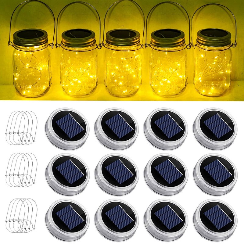 SmilingTown Solar Mason Jar String Light Lids 12 Pack 30 LED Fairy Firefly Inserts Lighting with 12 Hangers Waterproof for Outdoor Tree Patio Lawn Garden Decor No Jars