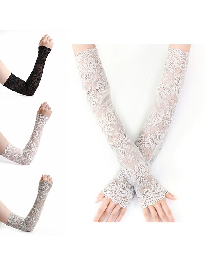 ثلاث قطع من الأقمشة أكمام ذراع نسائية حماية من الأشعة فوق البنفسجية قفازات طويلة ذات شريط، أكمام ذراع صلبة ملونة بدون أصابع، أكمام قيادة واقية من الشمس (أسود/أبيض/رمادي) - Image 1