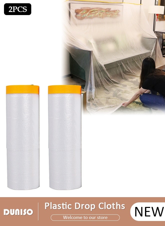 DUNISO 2 packs Plastic Drop Cloths, Waterproof Anti-Dust Furniture Cover With Adhesive Strip, Thicken Painters Drop Cloth, Disposable Plastic Cover for Painting Protection, Large Anti Dust Clear Cover for Sofa Furniture Floor Wall Protection - Image 1
