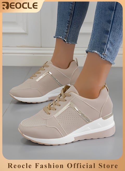 Women's Sneakers with High Heel Wedge Dressy Platform Hidden Wedge Tennis Shoes Lightweight Fashion Heeled Sneakers Lace Up