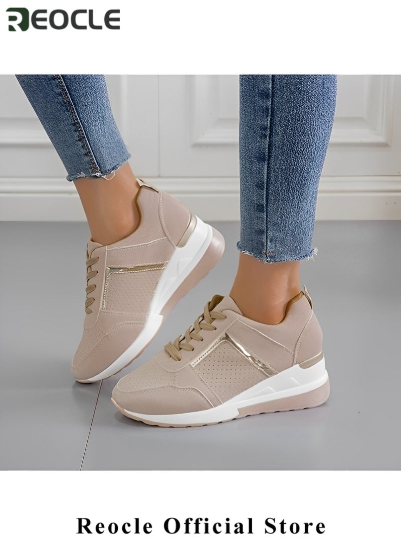 ريوكل حذاء رياضي نسائي بكعب عالٍ ونعل سفلي مخفي وأحذية تنس خفيفة الوزن بكعب أنيق وأربطة - Image 2