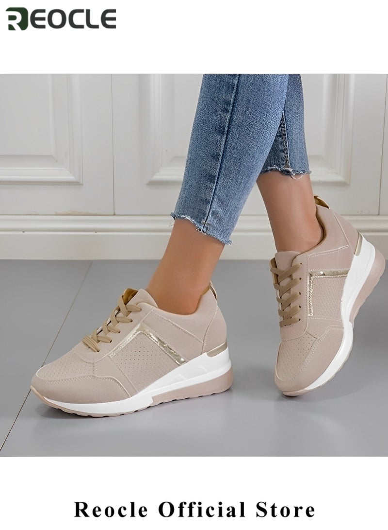 ريوكل حذاء رياضي نسائي بكعب عالٍ ونعل سفلي مخفي وأحذية تنس خفيفة الوزن بكعب أنيق وأربطة - Image 3