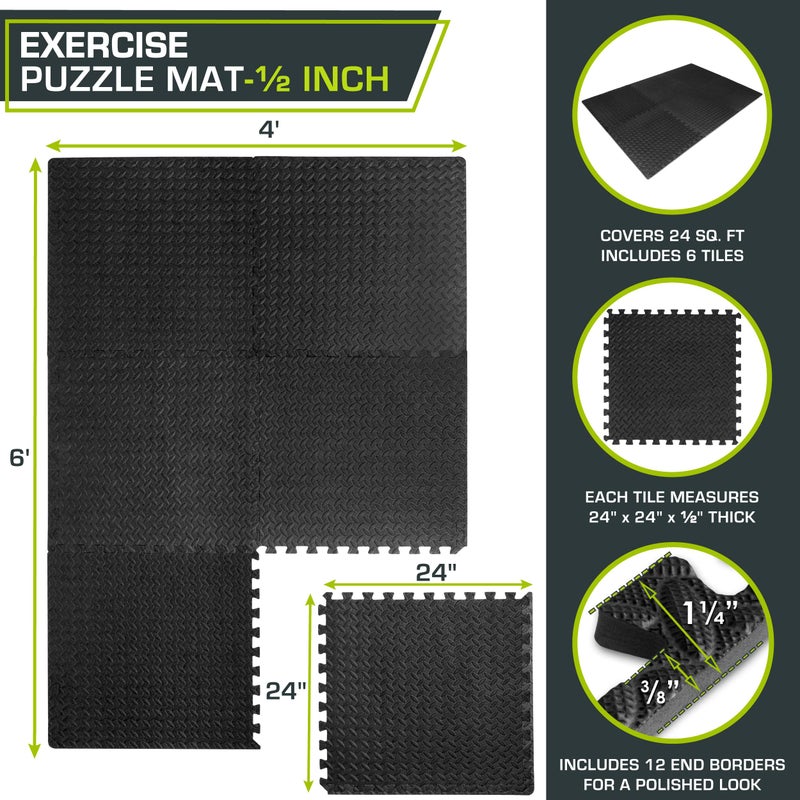 ProsourceFit Puzzle Exercise Mat ½ in, EVA Interlocking Foam Floor Tiles for Home Gym, Mat for Home Workout Equipment, Floor Padding for Kids, Black, 24 in x 24 in x ½ in, 24 Sq Ft - 6 Tiles - Image 2