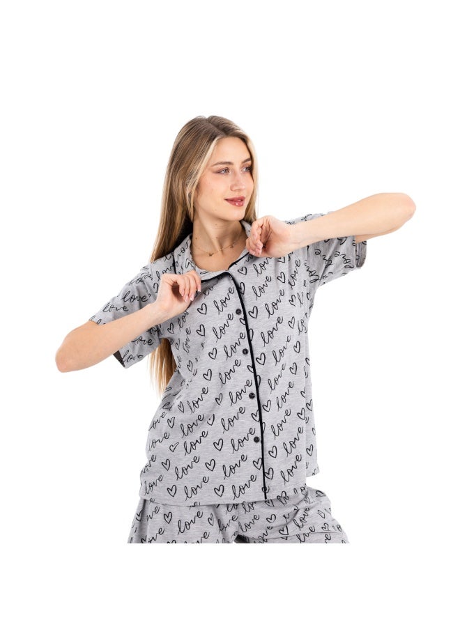zecotex  Women's 100% Cotton 2-Piece Pajama Set - Button-Up Shirt & Shorts with "Love" Print - Grey Melange. - Image 2