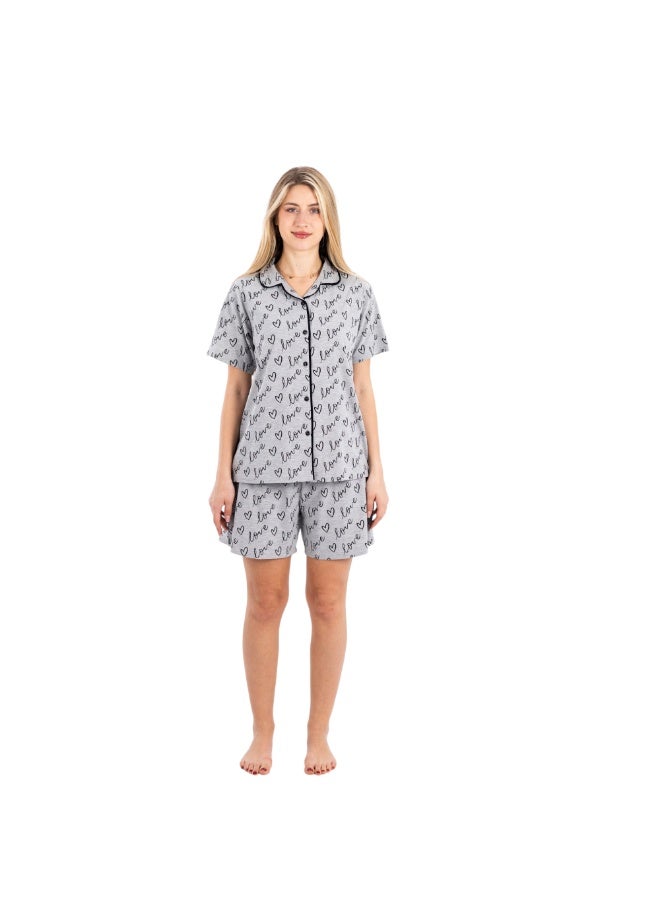 zecotex  Women's 100% Cotton 2-Piece Pajama Set - Button-Up Shirt & Shorts with "Love" Print - Grey Melange. - Image 1