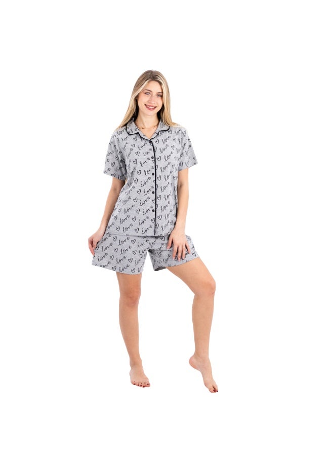 zecotex  Women's 100% Cotton 2-Piece Pajama Set - Button-Up Shirt & Shorts with "Love" Print - Grey Melange. - Image 3
