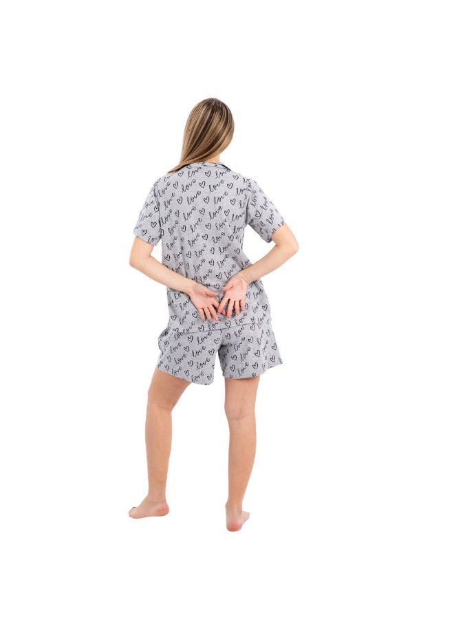 zecotex  Women's 100% Cotton 2-Piece Pajama Set - Button-Up Shirt & Shorts with "Love" Print - Grey Melange. - Image 5