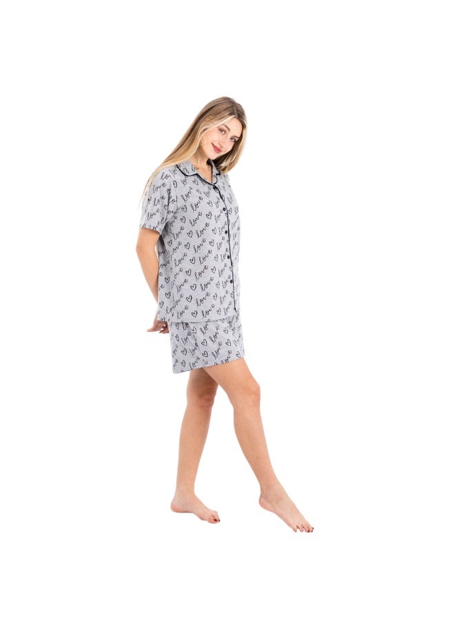 zecotex  Women's 100% Cotton 2-Piece Pajama Set - Button-Up Shirt & Shorts with "Love" Print - Grey Melange. - Image 4