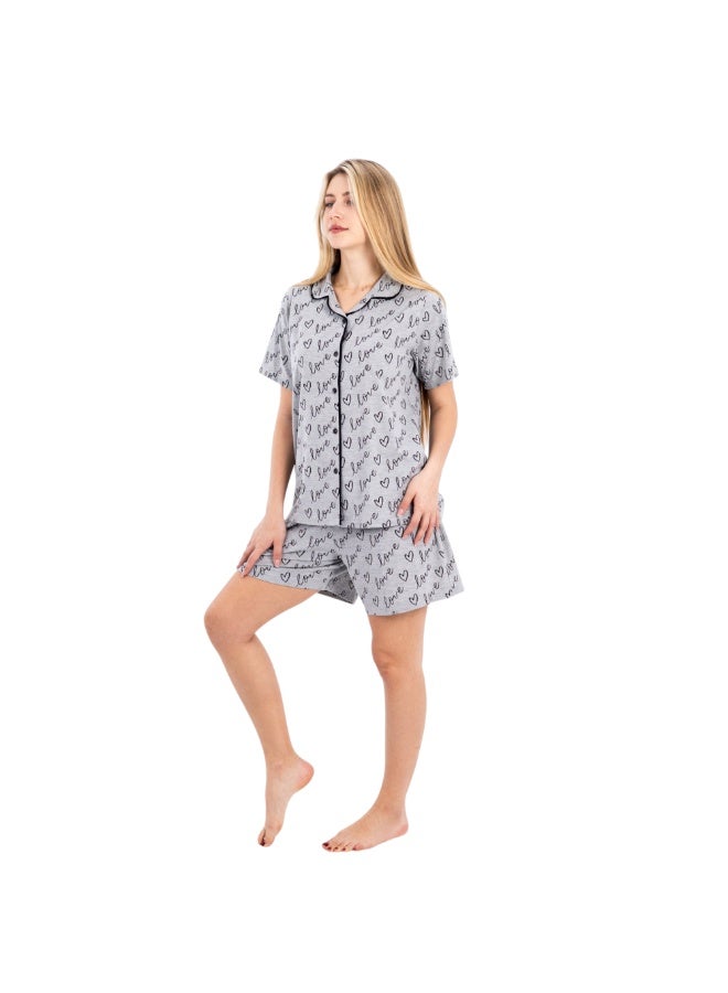 zecotex Women's 100% Cotton 2-Piece Pajama Set - Button-Up Shirt & Shorts with "Love" Print - Grey Melange.