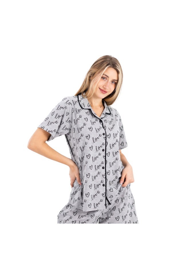zecotex  Women's 100% Cotton 2-Piece Pajama Set - Button-Up Shirt & Shorts with "Love" Print - Grey Melange. - Image 2