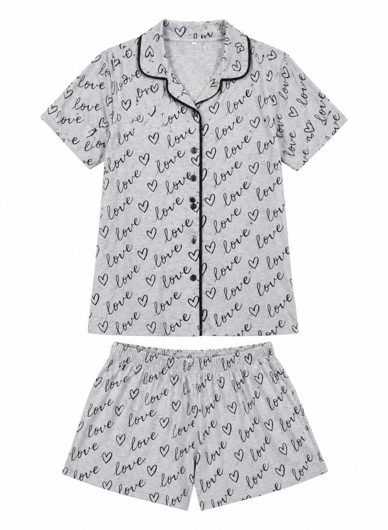 zecotex  Women's 100% Cotton 2-Piece Pajama Set - Button-Up Shirt & Shorts with "Love" Print - Grey Melange. - Image 3