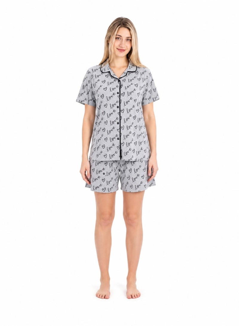 zecotex  Women's 100% Cotton 2-Piece Pajama Set - Button-Up Shirt & Shorts with "Love" Print - Grey Melange. - Image 1
