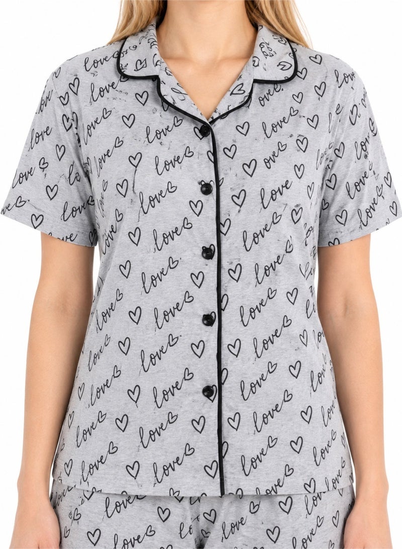 zecotex  Women's 100% Cotton 2-Piece Pajama Set - Button-Up Shirt & Shorts with "Love" Print - Grey Melange. - Image 4