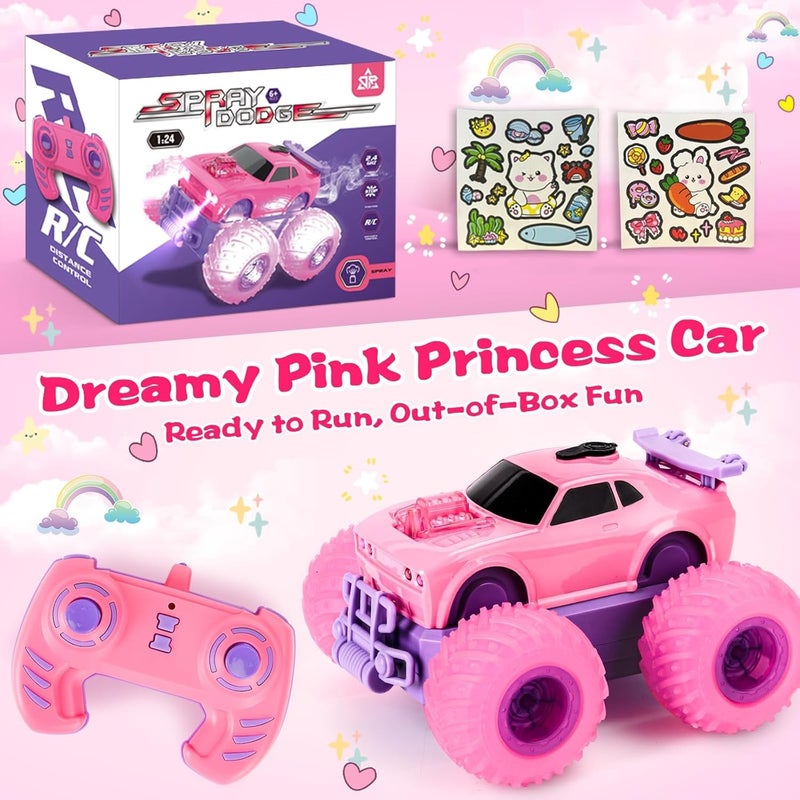 OMIRE Pink RC Car for Girl Kids, 4WD RC Stunt Car Toys with DIY Sticker, Headlight, Colorful Wheel Light, 2.4GHz 360° Rotating RC Monster Truck Toys, Spray,Light,Sound,All Terrain Stunt Cars for Girl - Image 2