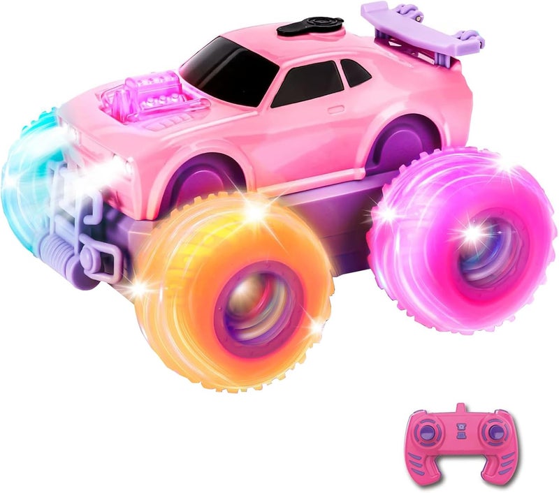 OMIRE Pink RC Car for Girl Kids, 4WD RC Stunt Car Toys with DIY Sticker, Headlight, Colorful Wheel Light, 2.4GHz 360° Rotating RC Monster Truck Toys, Spray,Light,Sound,All Terrain Stunt Cars for Girl - Image 1