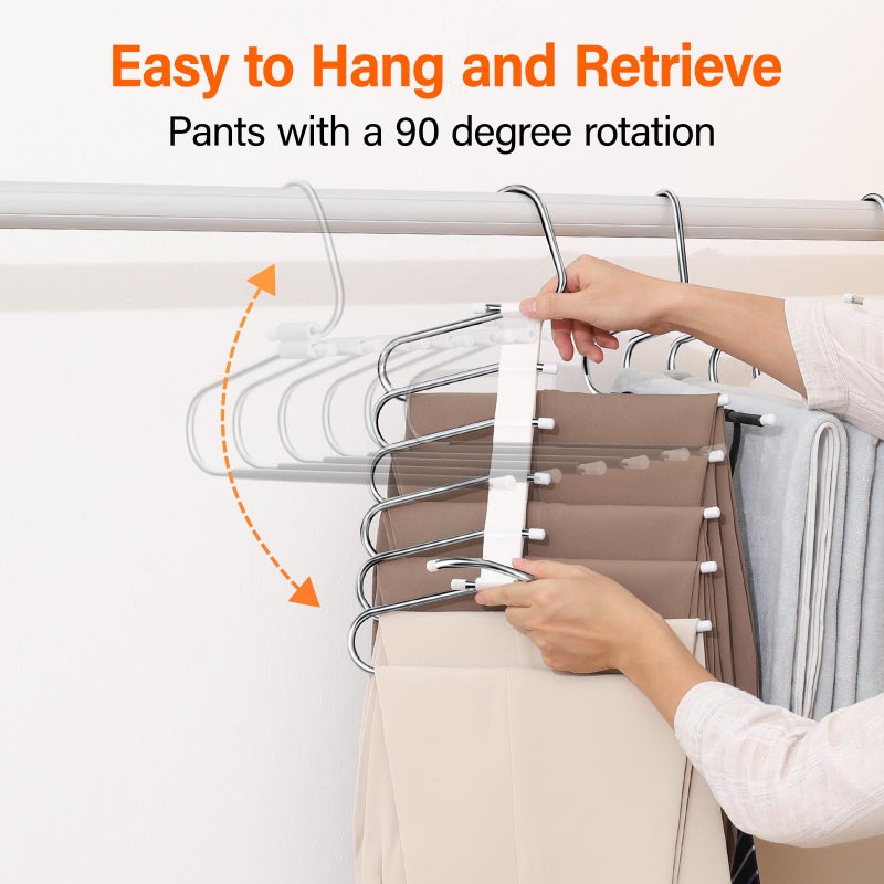 Fayleeko Upgraded Collapsible Pants Hangers Space Saving, 6 Layers Clothes Rack, Stainless Steel Multifunctional Closet Organizer, Non Slip Metal Hangers for Pants Jeans Skirts Trousers (2 Pack) - Image 3