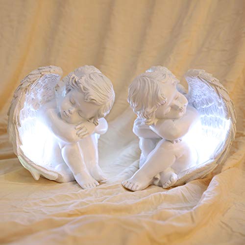 JUNIQUTE Sleepy Time Little Angel with Light Cupid Garden Statue Home Decor Cherub Statue Baby Sculpture Figurine Set of 2 - Image 3