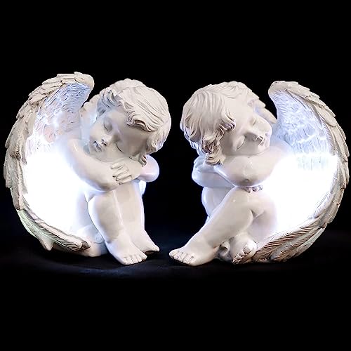 JUNIQUTE Sleepy Time Little Angel with Light Cupid Garden Statue Home Decor Cherub Statue Baby Sculpture Figurine Set of 2 - Image 1