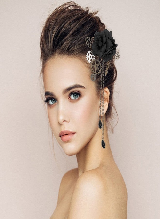 Beaupretty Steampunk Hair Clips with Tassels Chain Rose Flower Hair Clip Vintage Halloween Headdress Goth Gothic Hair Accessories for Women Girls Black - Image 5