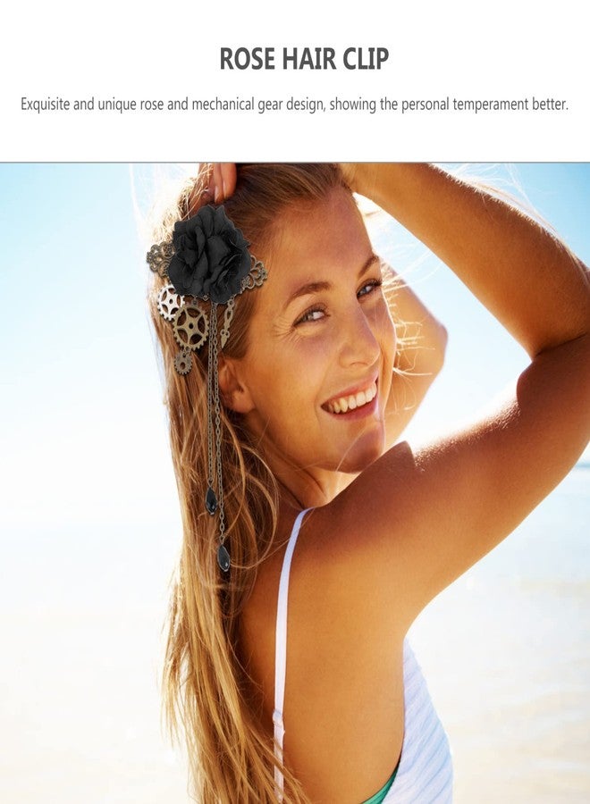 Beaupretty Steampunk Hair Clips with Tassels Chain Rose Flower Hair Clip Vintage Halloween Headdress Goth Gothic Hair Accessories for Women Girls Black - Image 4