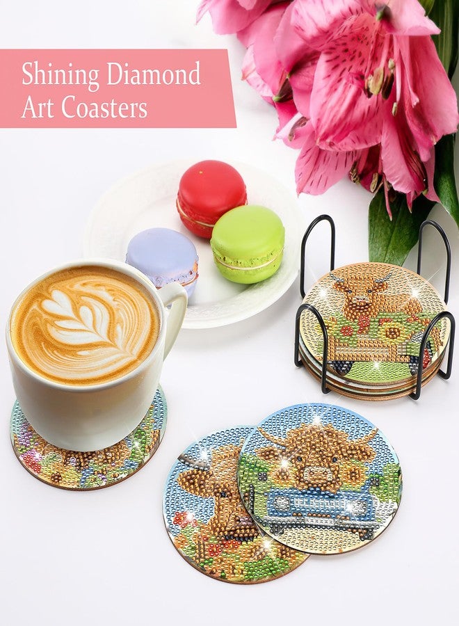 INCOK Highland Cow Diamond Painting Coasters - 8 PCS Diamond Art Kits DIY with Flower Non Slip Shining Drinks Coasters Farmhouse Art Craft Supplies Table Decor Birthday Gift for Cowgirl Cow Lovers Beginners - Image 3