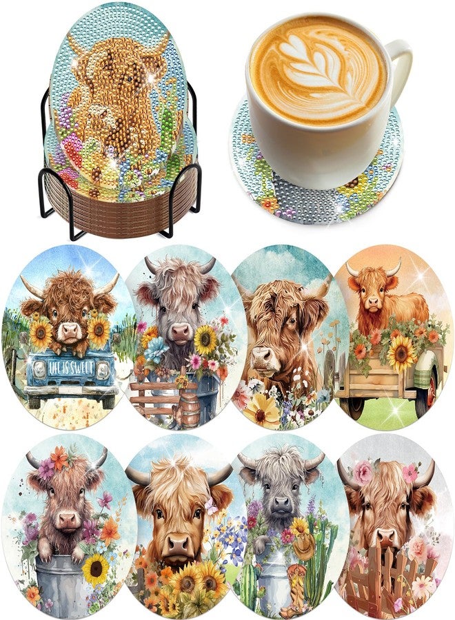 INCOK Highland Cow Diamond Painting Coasters - 8 PCS Diamond Art Kits DIY with Flower Non Slip Shining Drinks Coasters Farmhouse Art Craft Supplies Table Decor Birthday Gift for Cowgirl Cow Lovers Beginners - Image 1