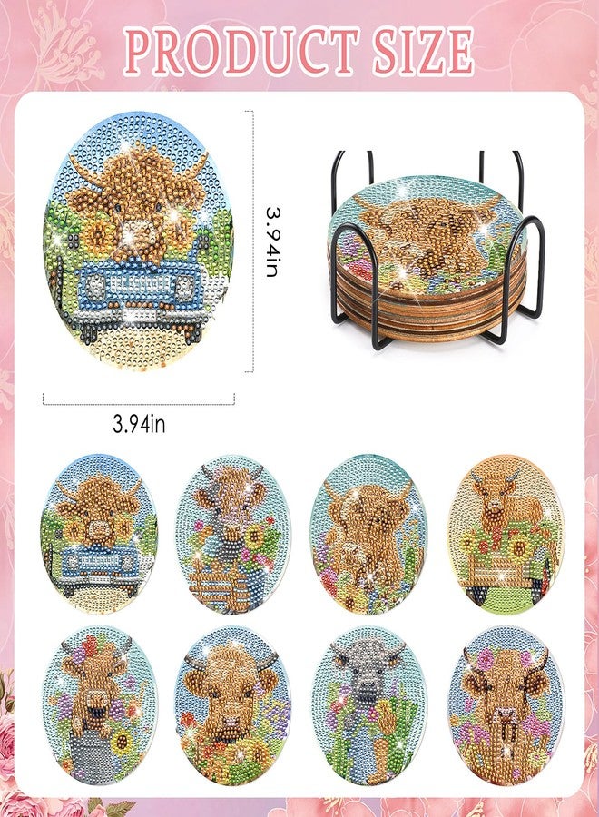 INCOK Highland Cow Diamond Painting Coasters - 8 PCS Diamond Art Kits DIY with Flower Non Slip Shining Drinks Coasters Farmhouse Art Craft Supplies Table Decor Birthday Gift for Cowgirl Cow Lovers Beginners - Image 2
