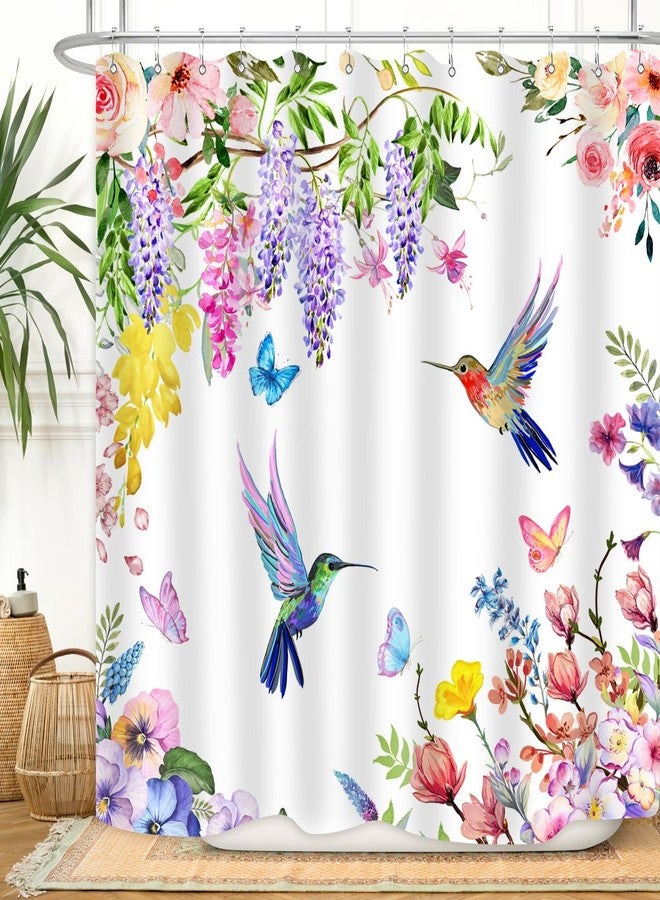 ZXMBF Watercolor Flower Hummingbird Shower Curtain Spring Bird Butterfly Floral Plant Nature Modern Home Bathroom Bathtub Decor Waterproof Fabric 72Lx72W Inch with 12PCS Hooks - Image 1