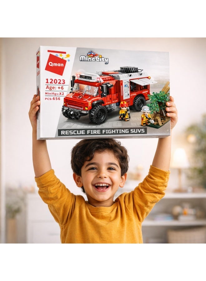 Qman MineCity Rescue Fire Fighting SUV Building Set – 656 Pieces with 2 Minifigures | Realistic Fire Truck Construction Toy for Kids 6+ - Image 2