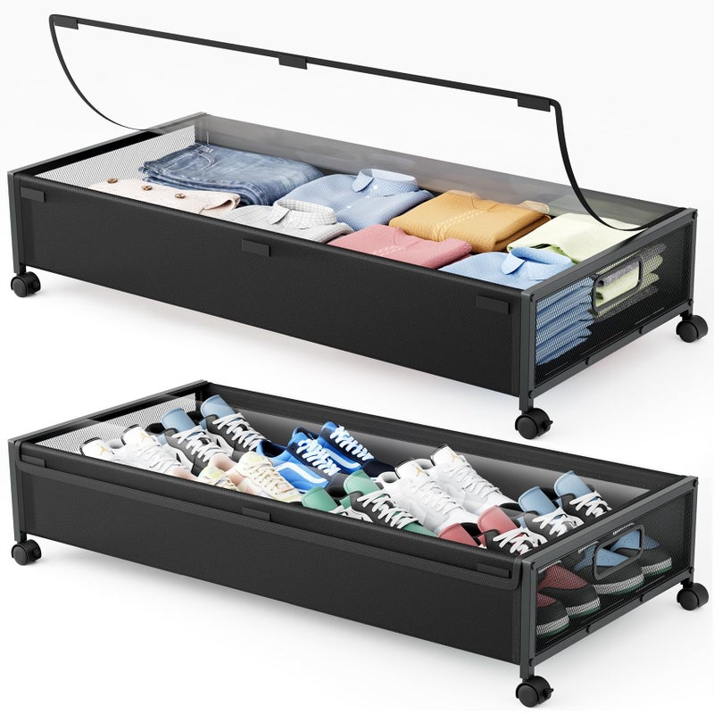 Under Bed Storage Containers with Wheels 2 Pack Underbed Shoe Storage Bedroom Storage Bins Organizer Large Capacity Under Bed Storage with Lid for Clothes Shoes Toys Blankets Black