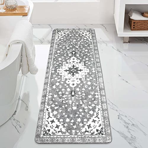 Uphome Boho Vintage Bathroom Rug Runner Gray NonSlip Soft Long Bath Mat Machine Washable Oriental Bathroom Mats Traditional Tribal Floral Bath Rugs for Sink Shower Tub 20x59 inch